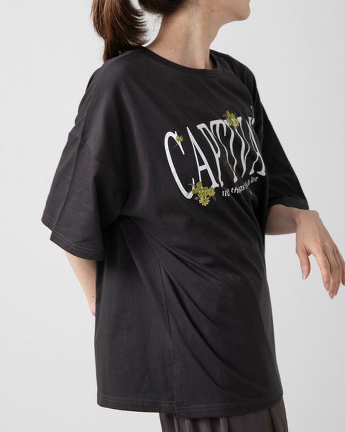 日本 gleam - 花朵刺繡英文標語天竺棉短袖T恤-白