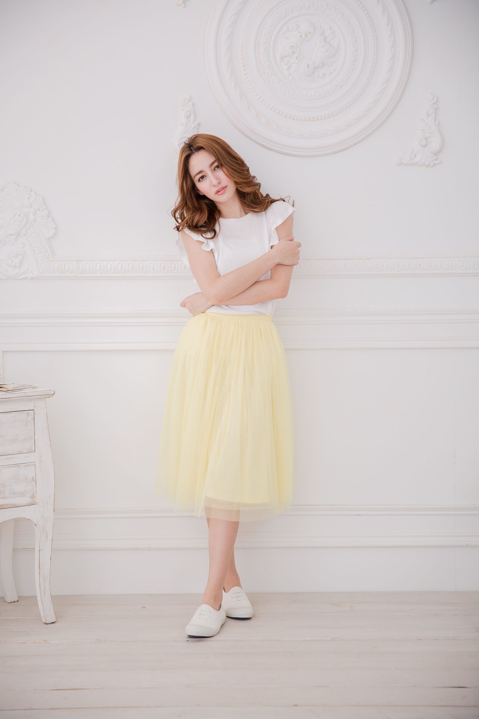 Peachy - 獨家訂製綿柔半身紗裙-半身中長版-嫩鵝黃 (F)