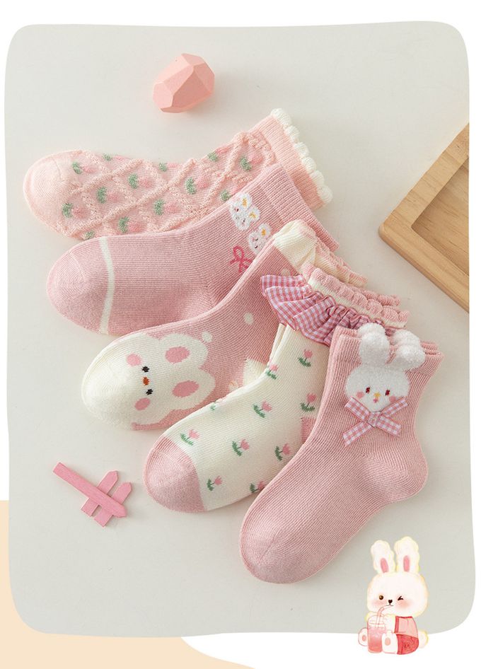 love, charlotte - 秋冬款粉色小兔子荷葉花邊中筒襪-5 雙一組