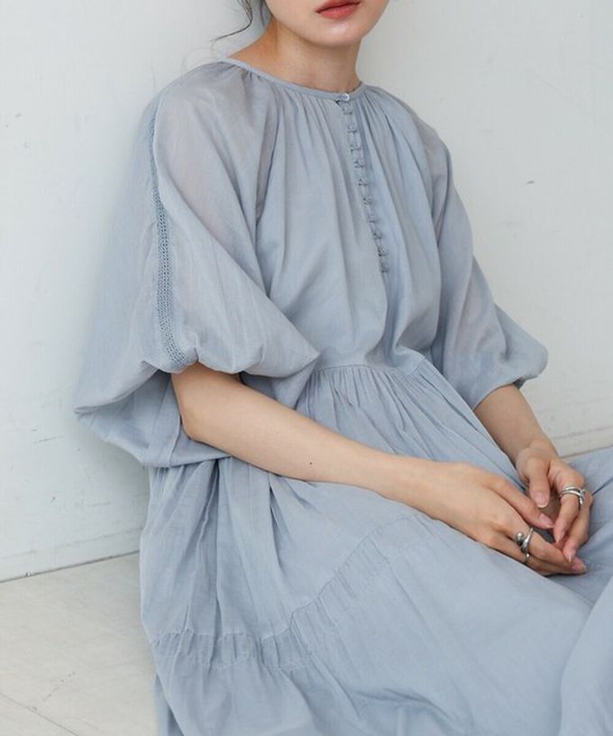 日本 Bab - 100%棉 巴里紗柔軟素色寬袖洋裝-象牙白