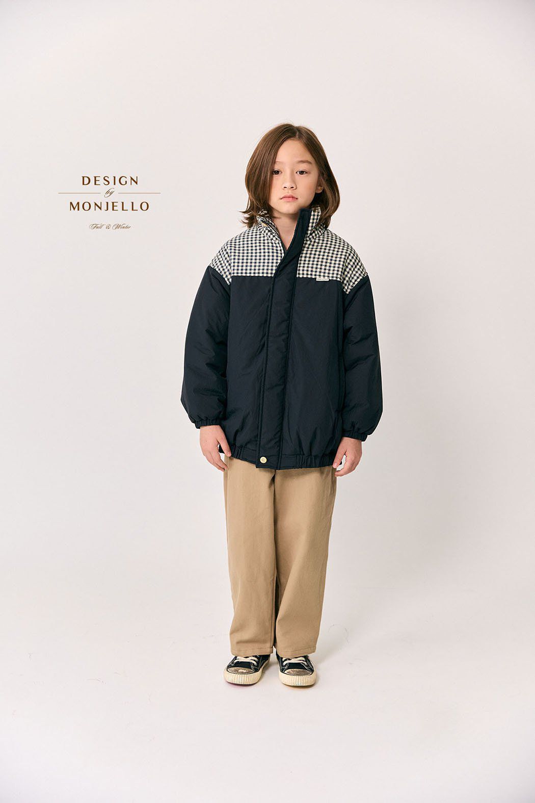 韓國 MONJELLO - 格子點綴拉鍊立領鋪棉外套-粉