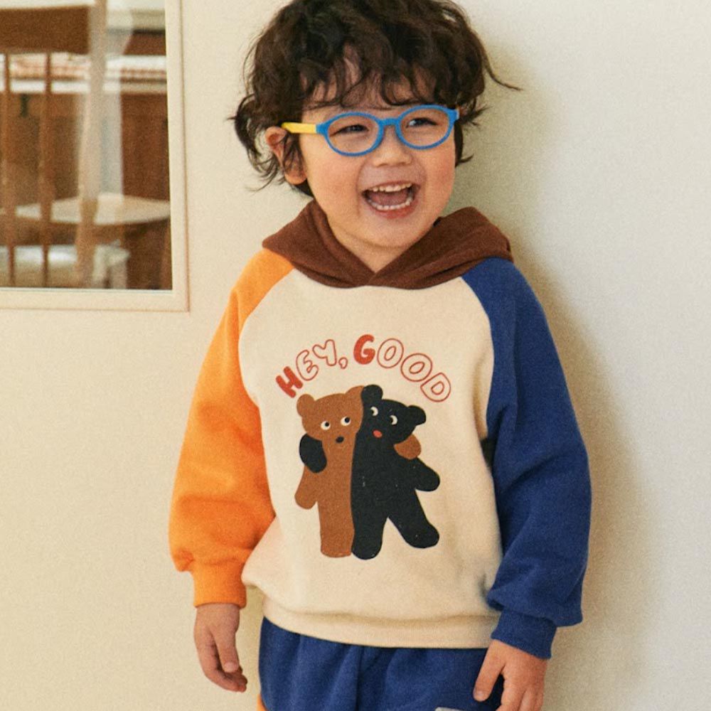 韓國 First Blue - 熊熊好友撞色袖連帽上衣-橘X咖X藍