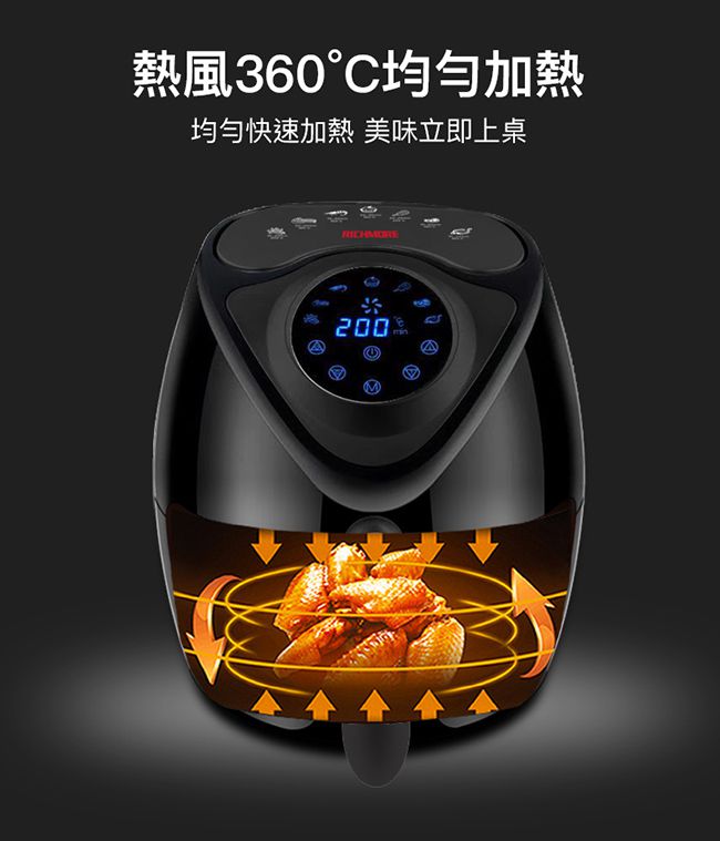 RICHMORE - 液晶觸控式安全安心氣炸鍋-RM055-黑色-內鍋3L / 外鍋4L
