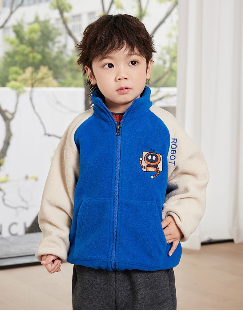 搖粒絨保暖兒童外套-小小機器人-灰色