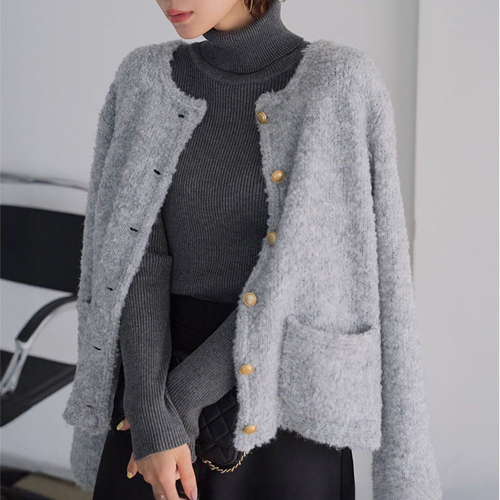 高雅混紡圓領氣質款針織外套-淺灰