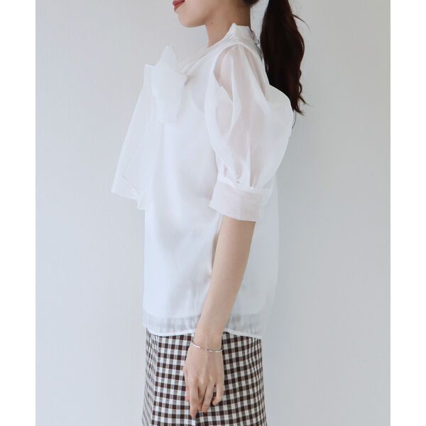 日本 BLUE EAST - 氣質薄紗蝴蝶結泡泡短袖上衣-白