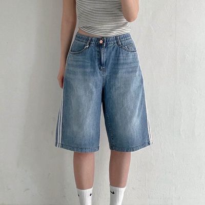 韓國女裝連線 - 彈性腰嚴選丹寧雙線裝飾5分褲-中青