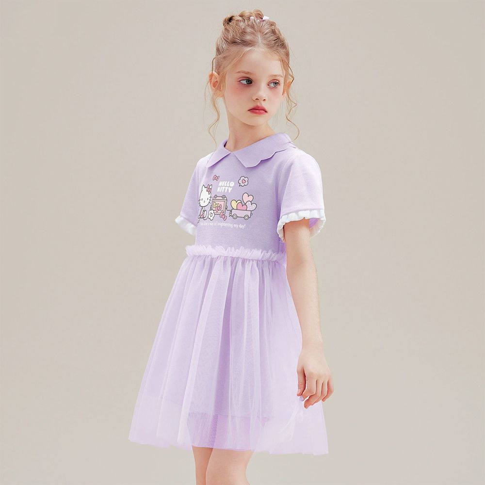 花邊翻領網紗拼接短袖洋裝-卡通人物Hello Kitty-紫色