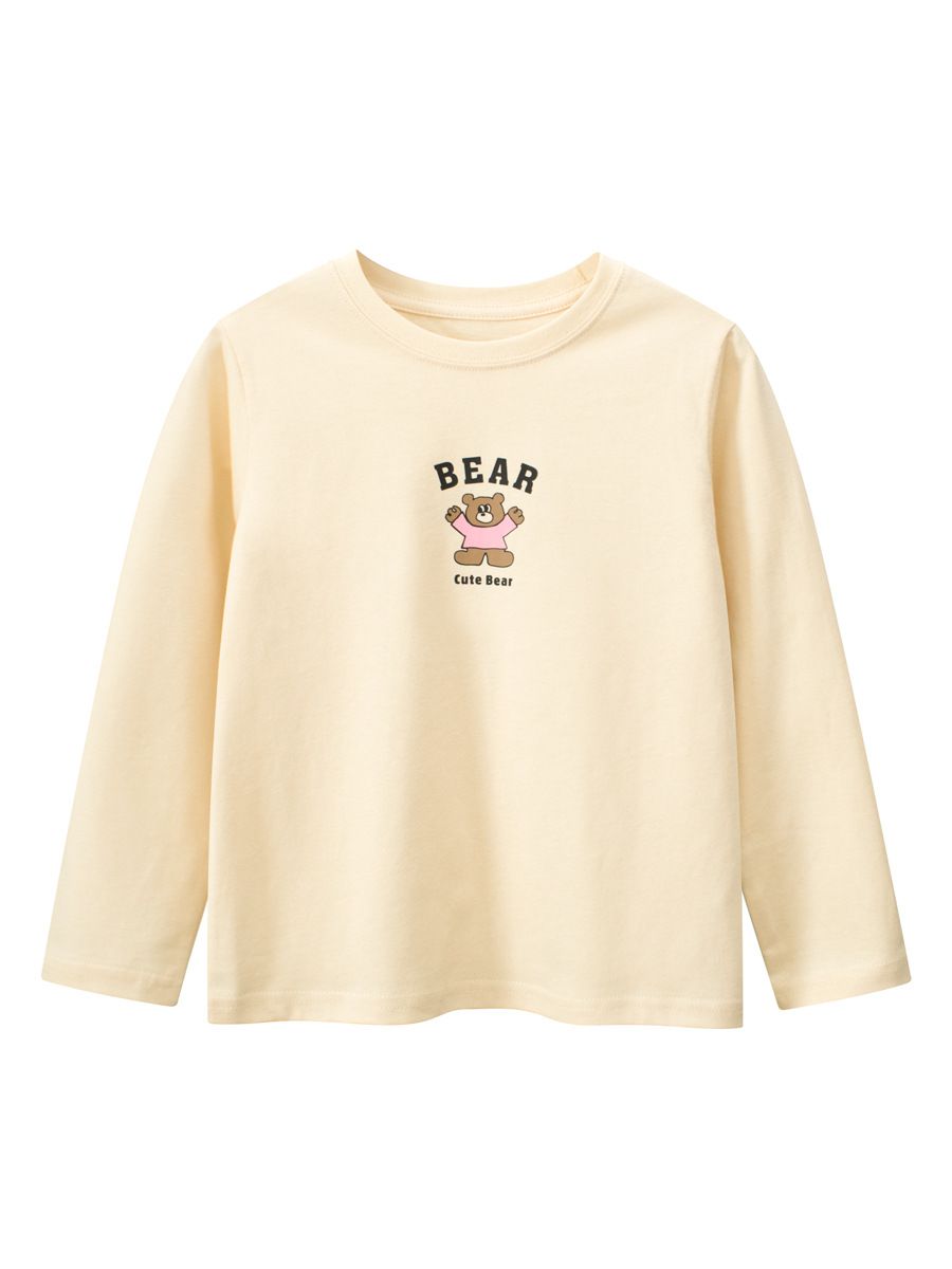 (大童)純棉圓領薄長袖上衣-快樂熊熊-杏色
