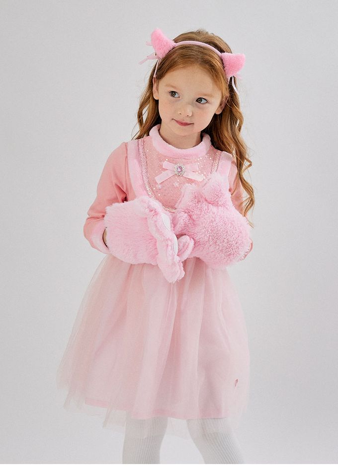 韓國 OZKIZ - (附配件)毛絨拼接連身洋裝-粉