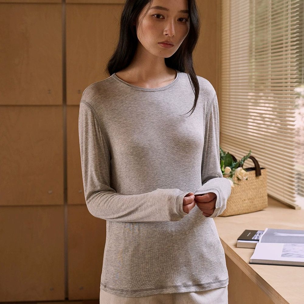 呼吸感6.3%羊毛天絲輕柔圓領長袖上衣-灰