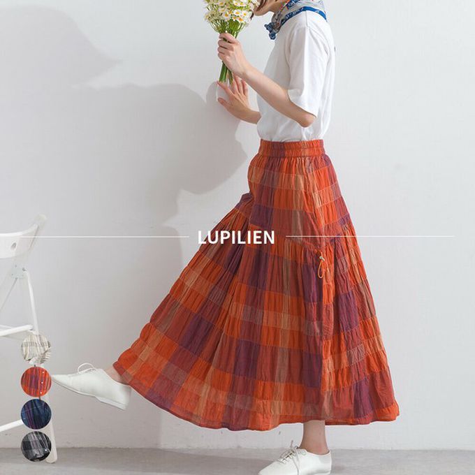 日本 Lupilien - 印度棉 皺皺文青格紋側抽繩長裙-橘