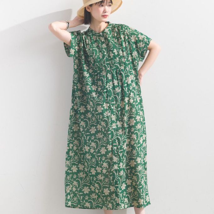 日本 OMNES - 100%印度棉 襯衫式印花短袖洋裝-淺棕條紋