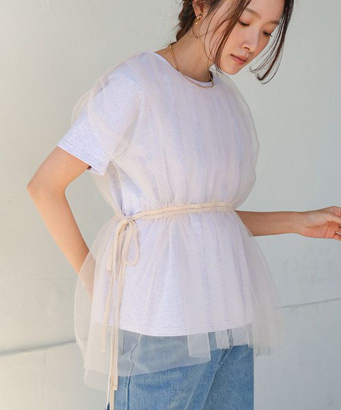 日本 Bab - 仙氣皺摺薄紗 腰綁帶短袖上衣-象牙黃