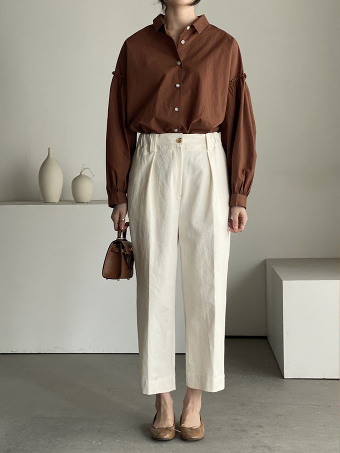 韓國女裝連線 - 極簡拼接翻領長袖襯衫-咖啡紅 (FREE)