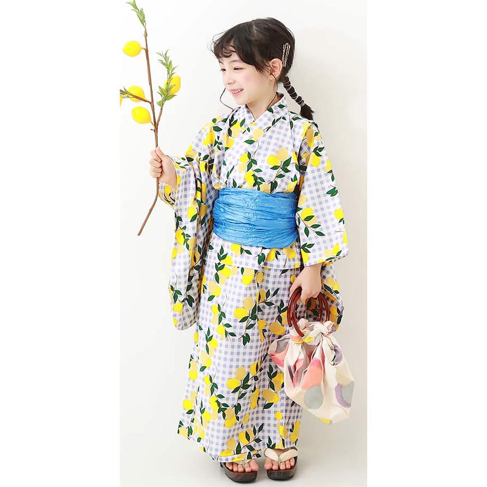 日本devirock 純棉夏日祭典花朵浴衣兵兒帶2件組-檸檬格紋-黃x灰｜媽咪愛