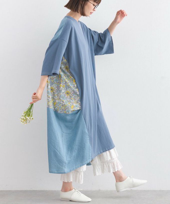 日本 Lupilien - 異素材花朵拼布清新五分袖洋裝-黑