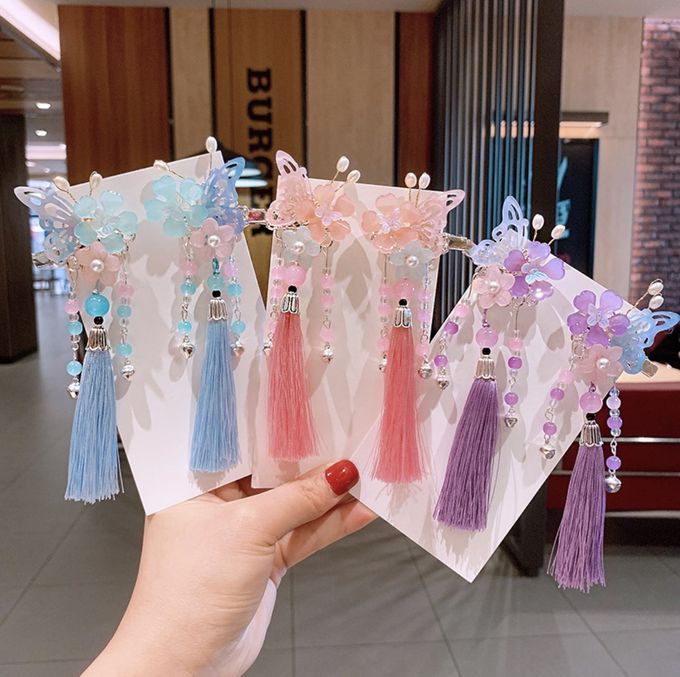 love, charlotte - 漢服蝴蝶流蘇吊墜珍珠鈴鐺髮飾對夾-浪漫紫色