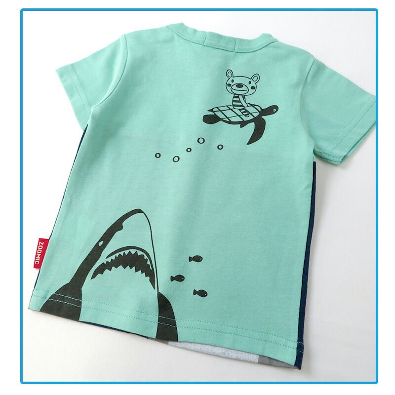 日本 ZOOLAND - 海洋風童趣印花短袖上衣-鯊魚來了-藍綠