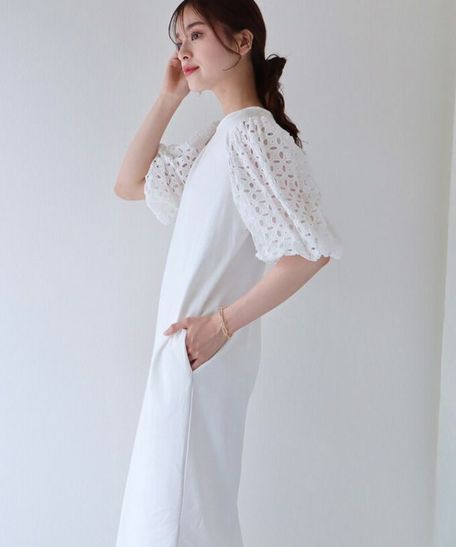 日本 BLUE EAST - 優雅雕花泡泡五分袖連身洋裝-薰衣草