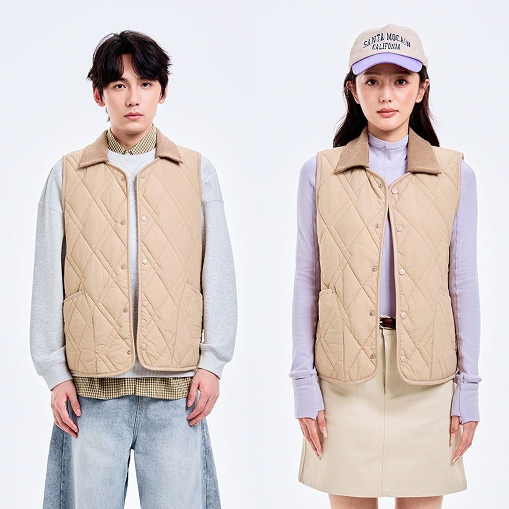 輕暖 2WAY可拆式翻領 羊毛鋪棉絎縫背心-男女同款-摩卡