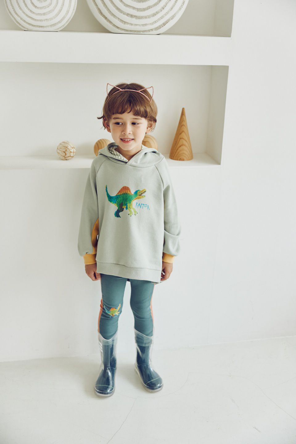 韓國 Mimico - 手繪恐龍立體造型連帽上衣-淺灰綠