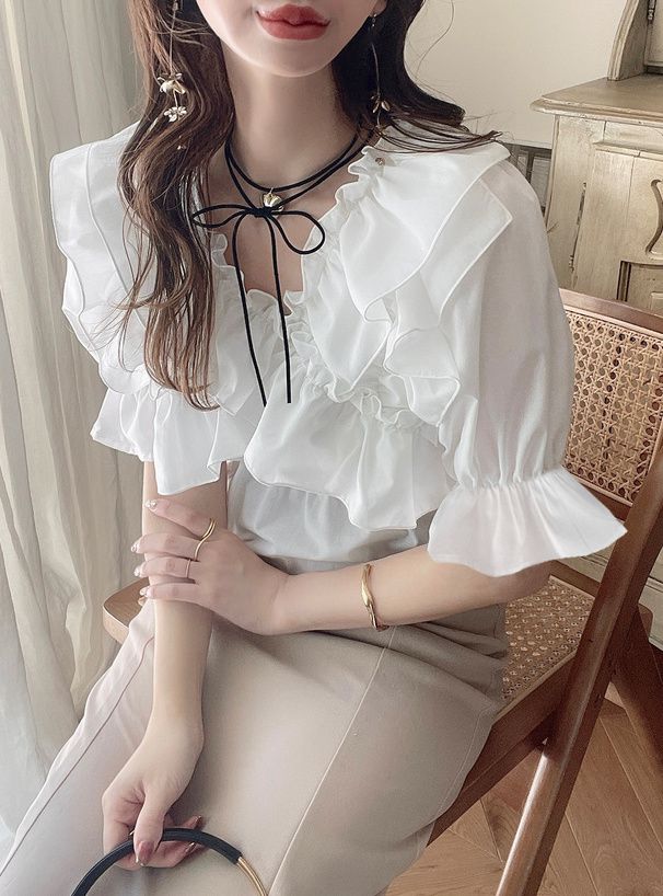 日本 GRL - 華麗荷葉邊層次短袖上衣-白 (F)