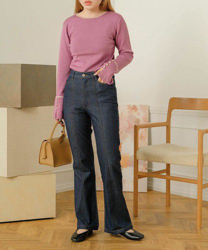 日本 Bou Jeloud - 丹寧修身美腿長褲-黑