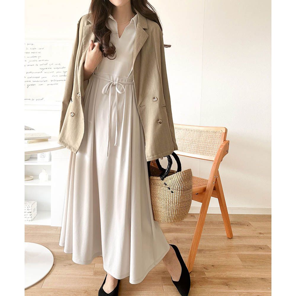 接觸冷感 優美V領腰綁帶短袖洋裝-長版-象牙白