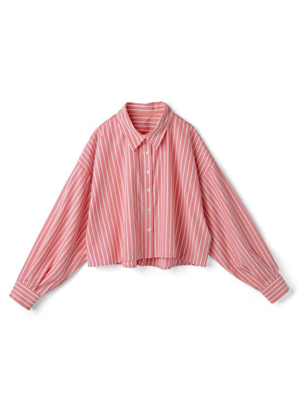 日本 GRL - 休閒短版直條紋落肩襯衫-淺灰棕 (F)