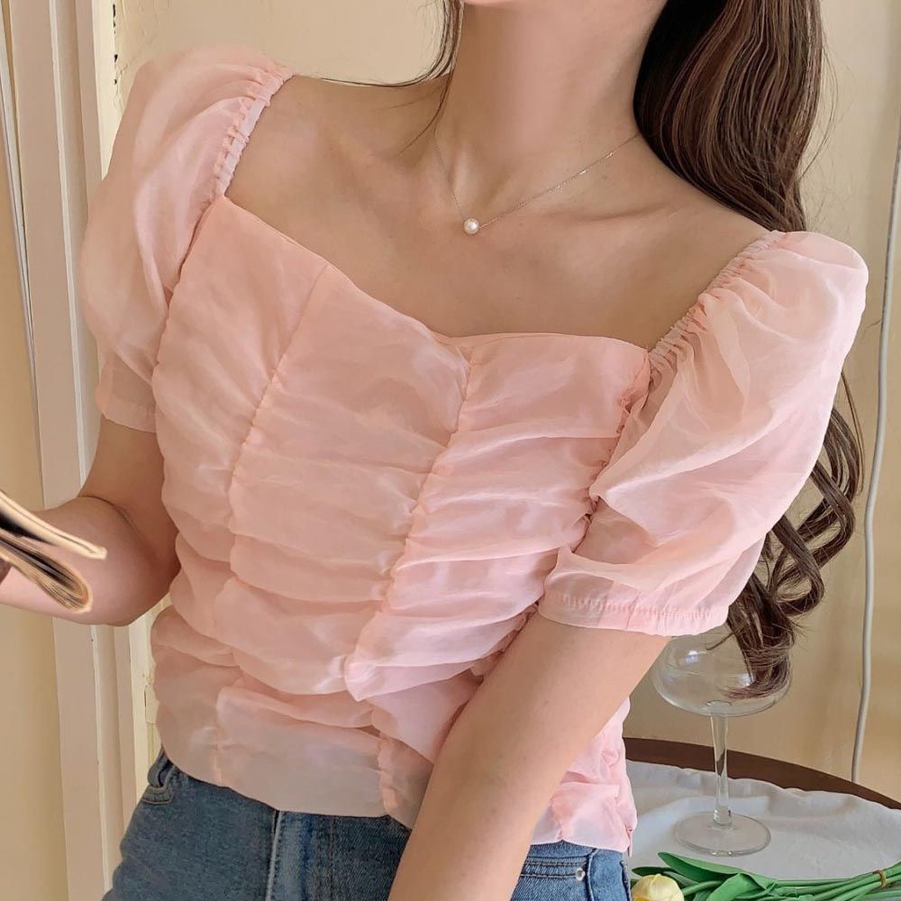 韓國女裝連線 - 甜美抓皺公主袖襯衫-粉紅 (FREE)