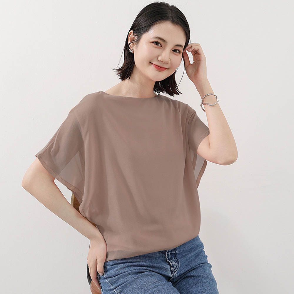 氣質雪紡透膚荷葉袖上衣-摩卡棕