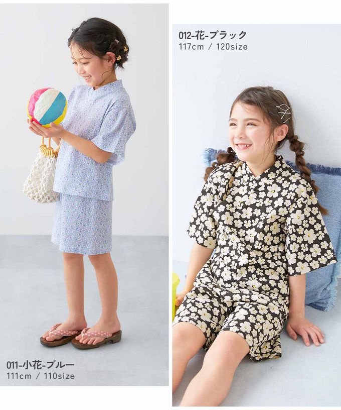 日本 devirock - 夏日風情涼爽紋理甚平套裝-滿版花朵-黑