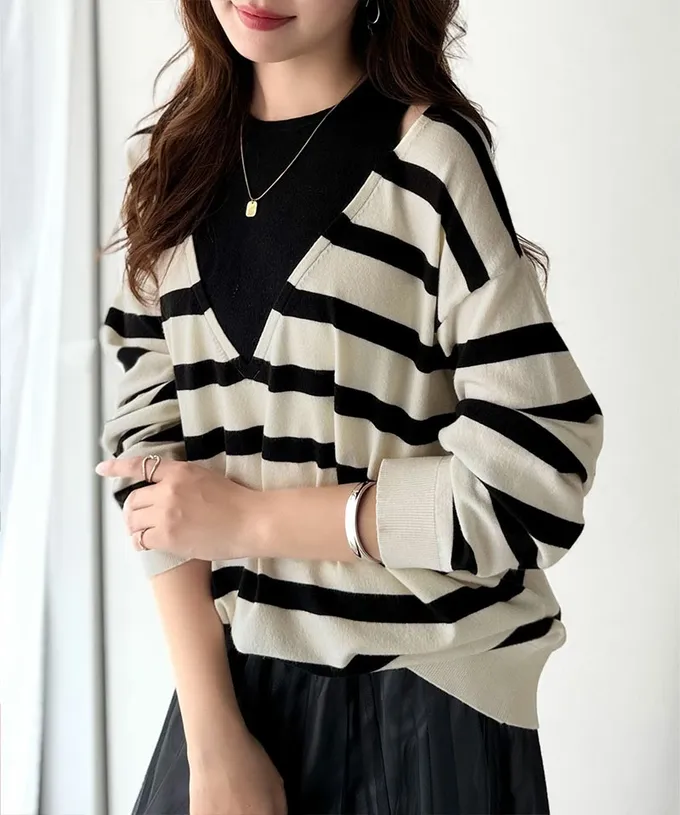 日本 Classical Elf - 假二件疊穿時尚露肩長袖上衣-象牙白