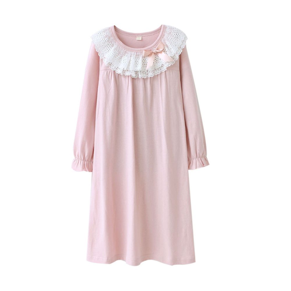 MAMDADKIDS - 純棉長袖睡裙-公主蕾絲領-粉色