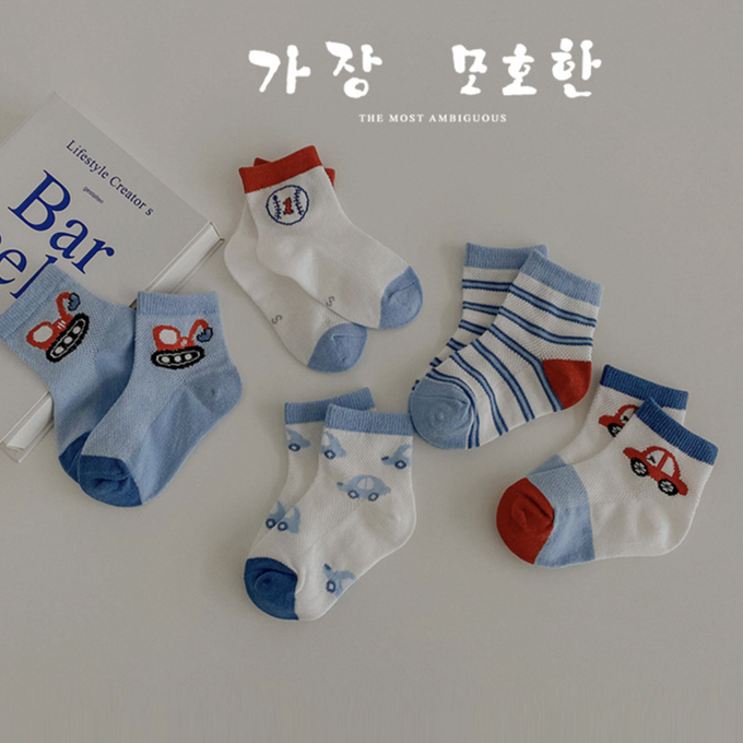 love, charlotte - 童趣小車棒球網眼短筒棉襪-5 雙一組