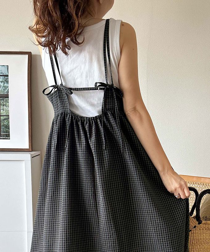 日本 Classical Elf - 成熟可愛感後綁帶吊帶洋裝-格子-灰黑