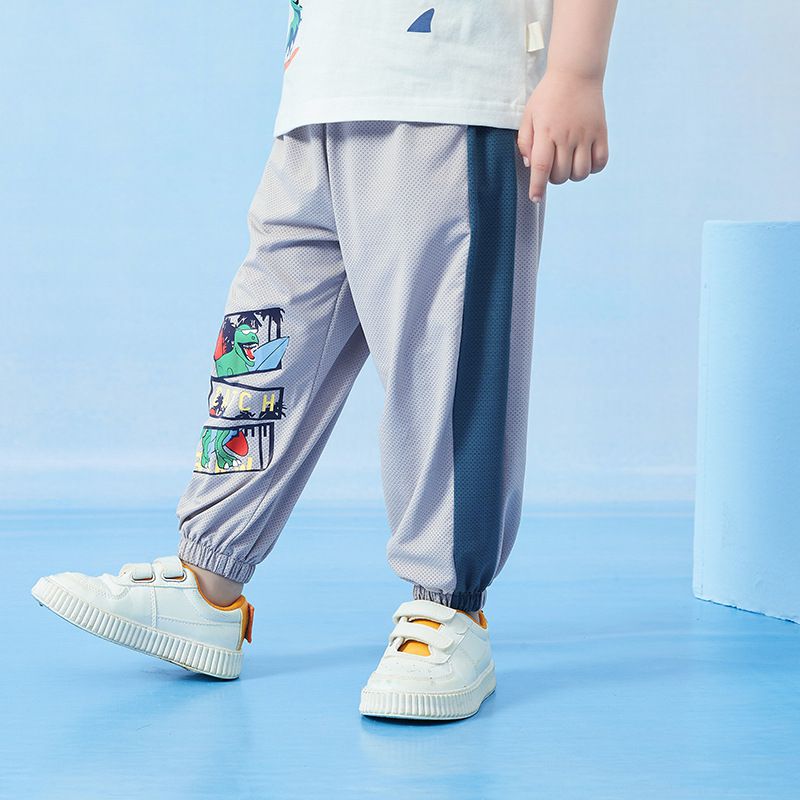 卡通圖束口長褲/防蚊褲-漫畫框恐龍-深藍+白