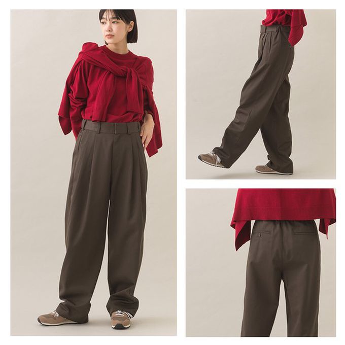 日本 OMNES - 率性感打褶後鬆緊高腰寬褲-象牙