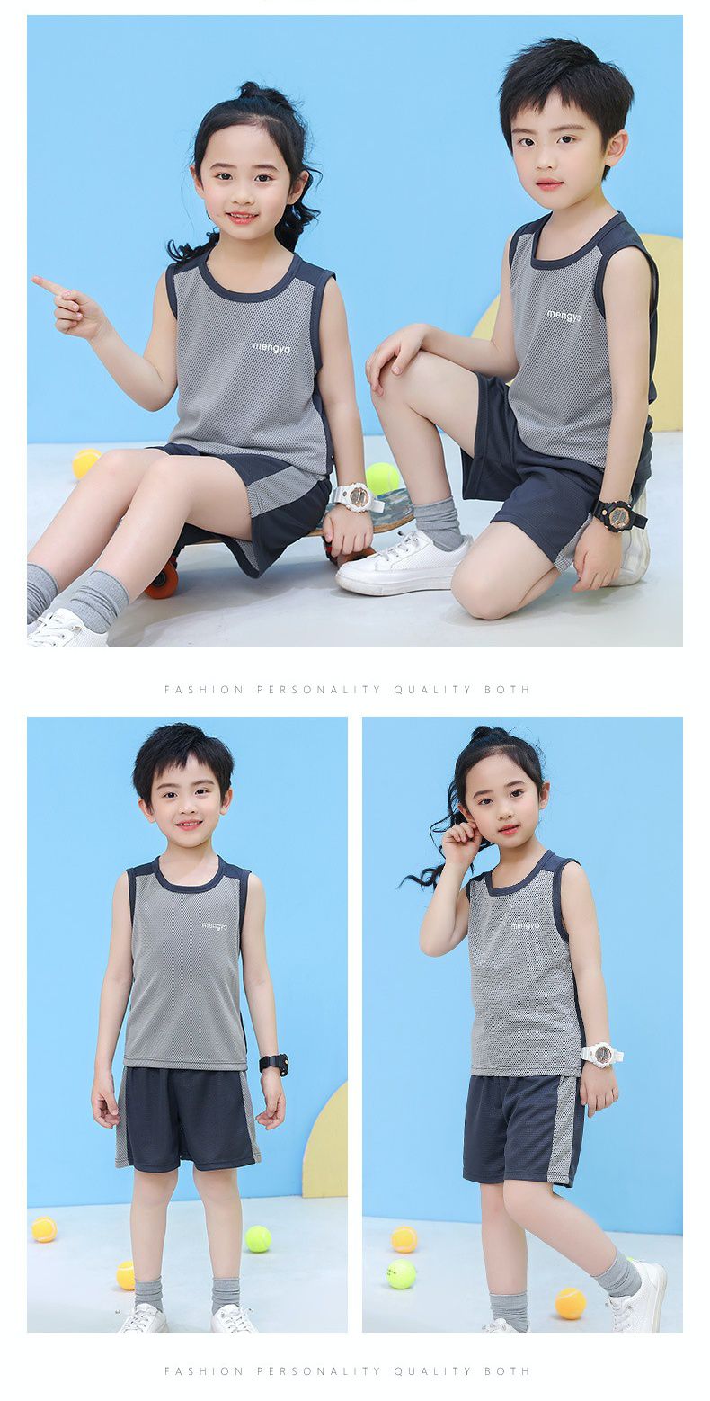 兒童速乾網眼短袖運動套裝-英文字母-灰色