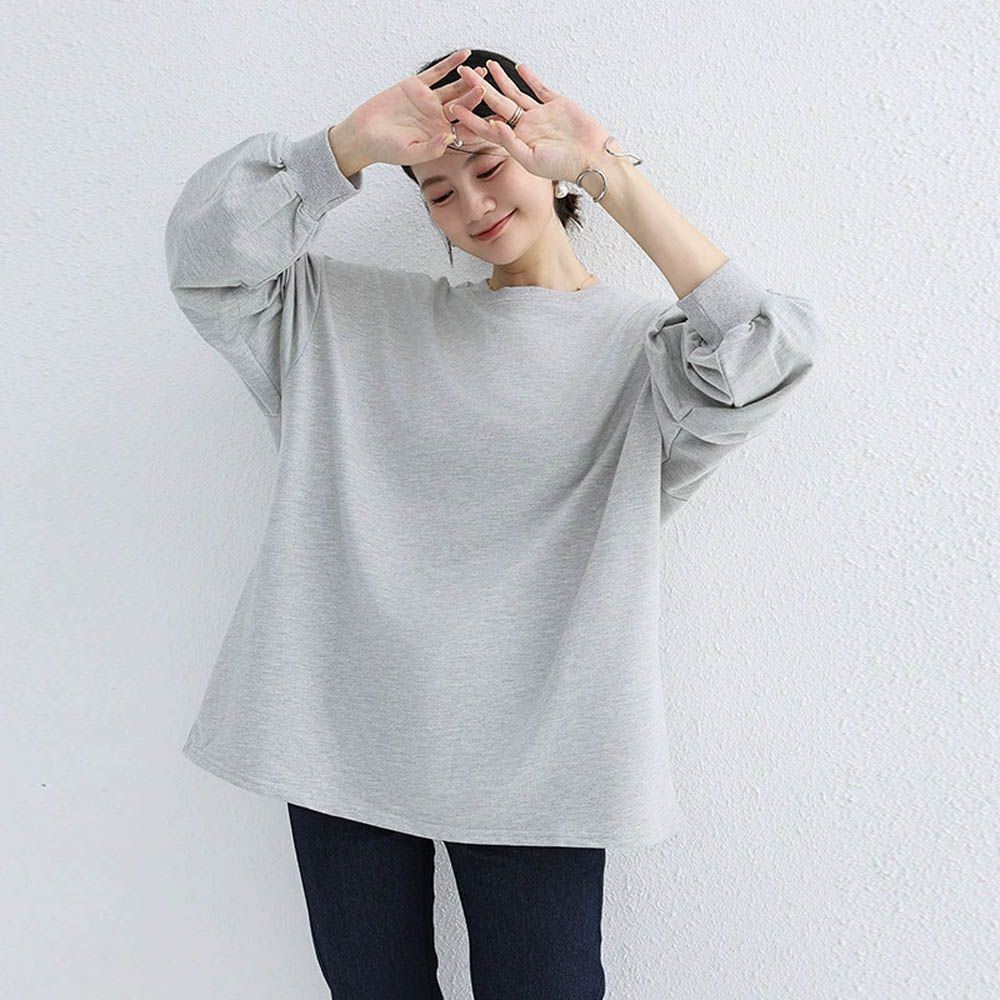 簡約休閒圓領落肩長袖上衣-灰色
