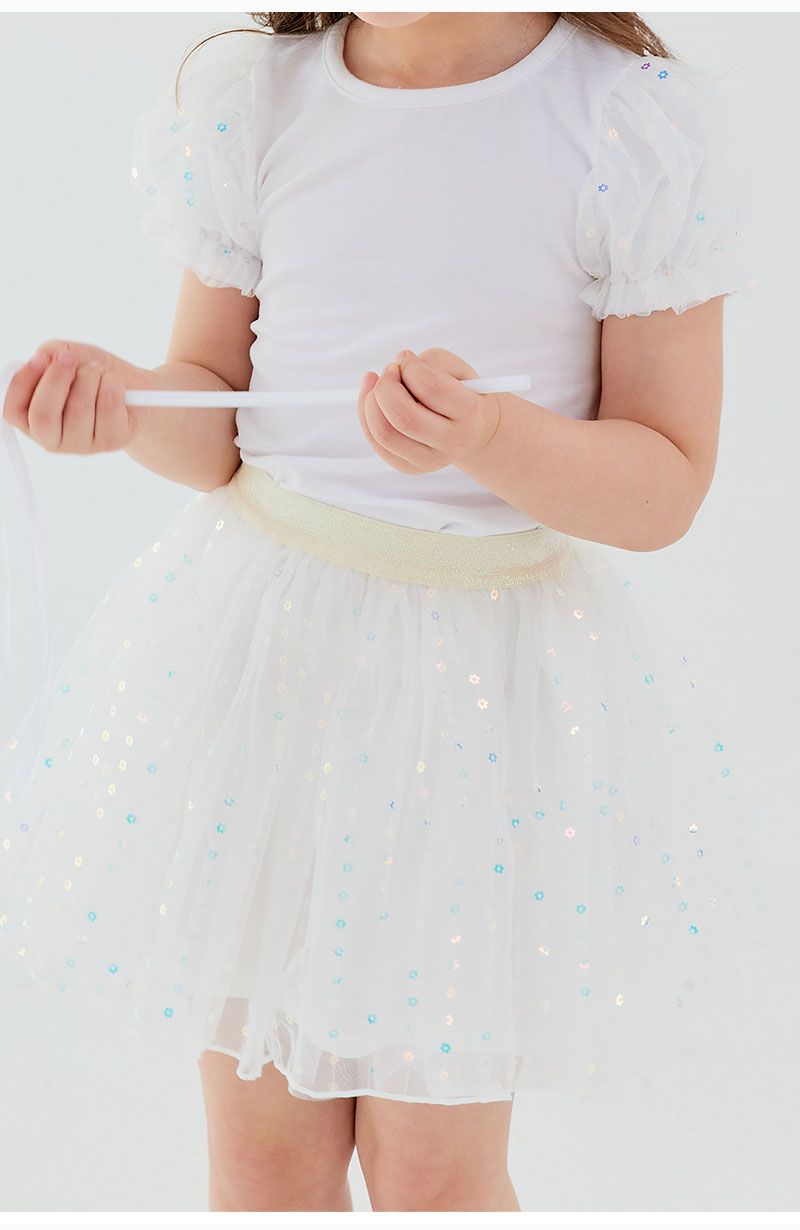 韓國 OZKIZ - 小花亮片層次網紗裙-白