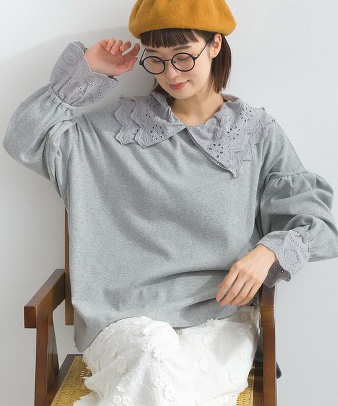 日本 Lupilien - 精緻蕾絲領落肩喇叭袖上衣-米杏