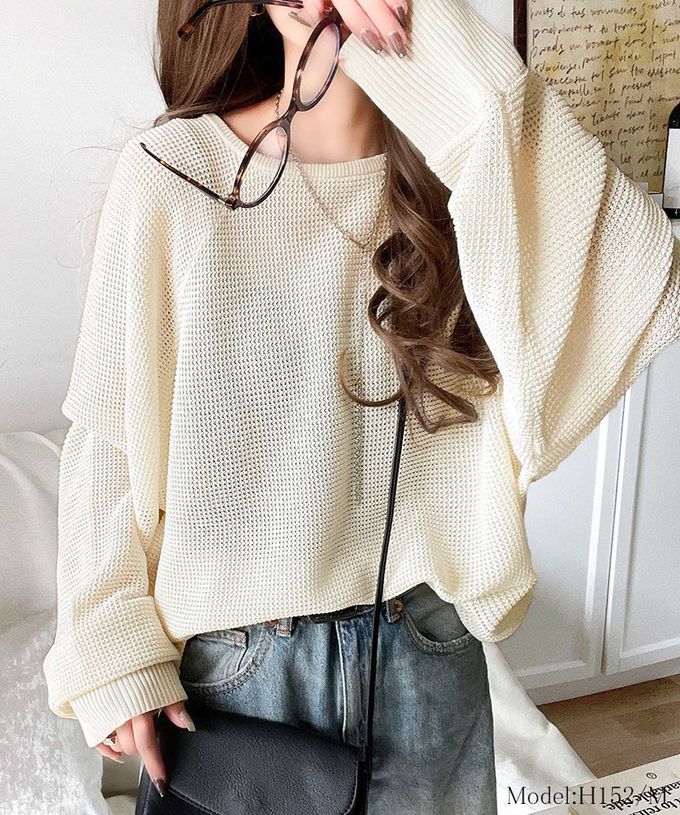 日本 Classical Elf - 透膚華夫格寬大率性長袖上衣-米白