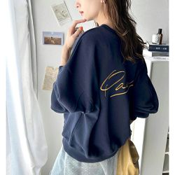 日本 Classical Elf - 背後刺繡logo 寬大落肩裏毛上衣-海軍藍