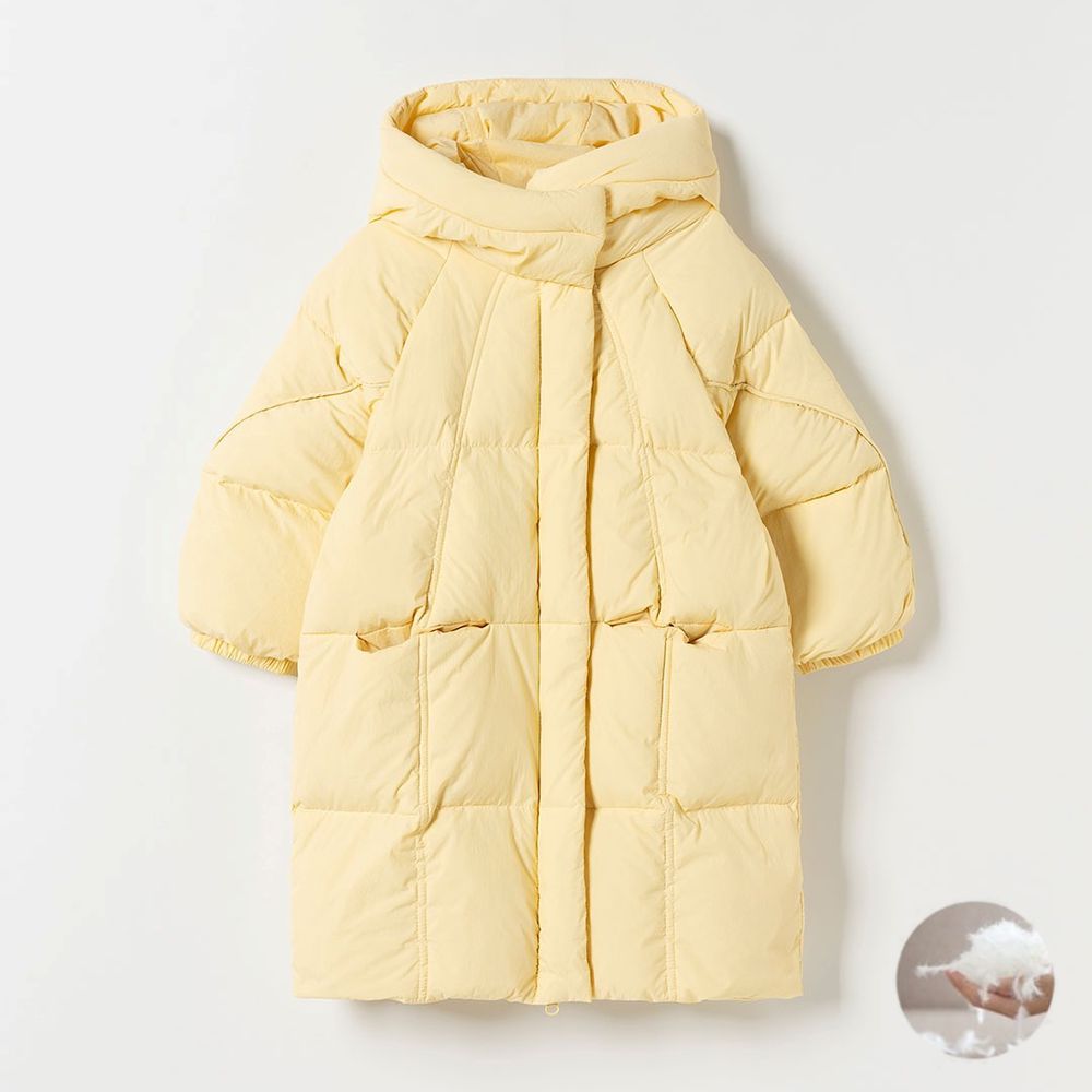 棉花糖蓬鬆連帽長版羽絨外套-黃
