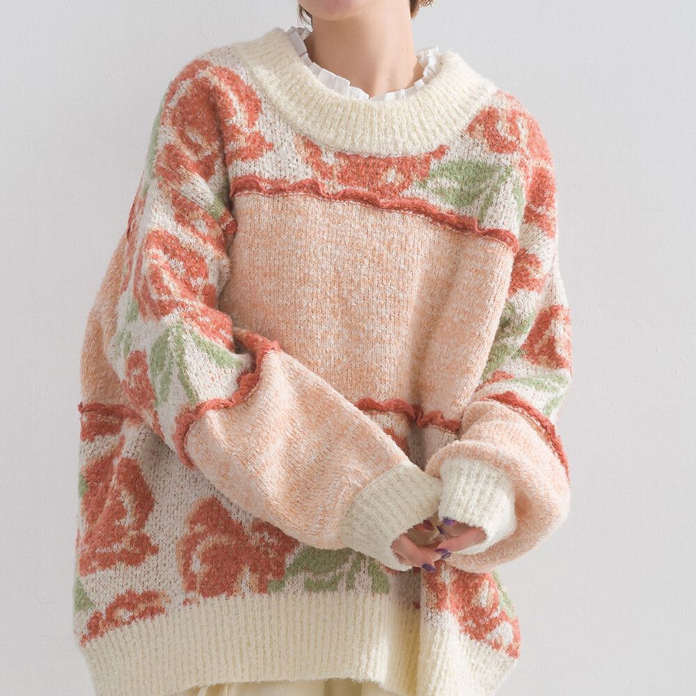 毛茸感華麗大花朵針織上衣-白x橘粉