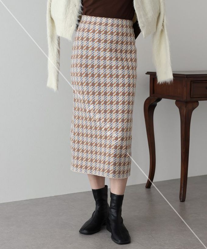 日本 BLUE EAST - 氣質千鳥格針織開叉合身長裙-黑灰