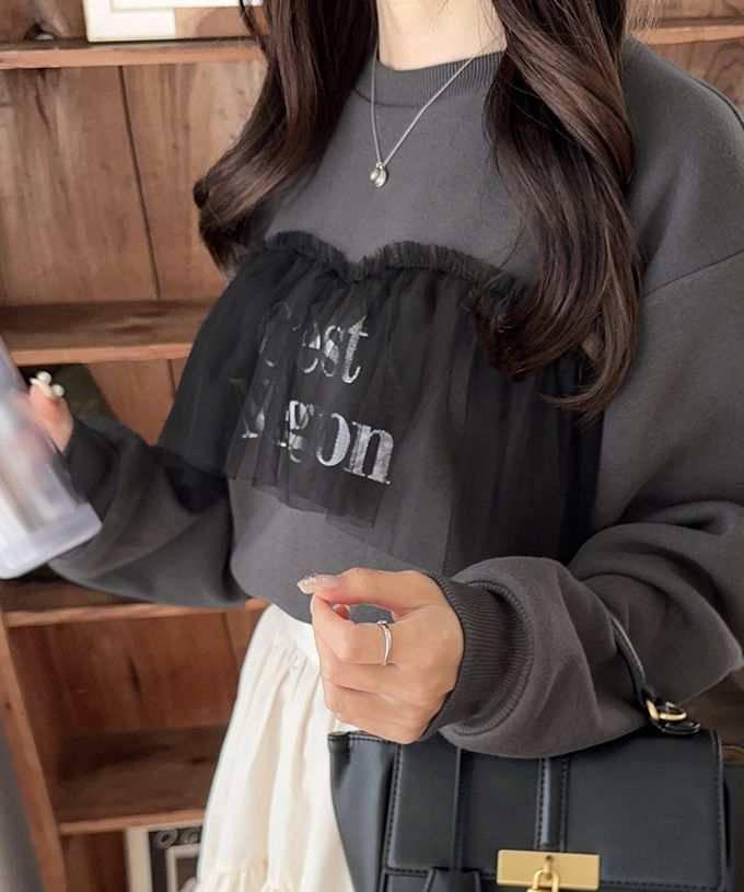 日本 Classical Elf - 胸前薄紗裏起毛休閒T恤-淺灰