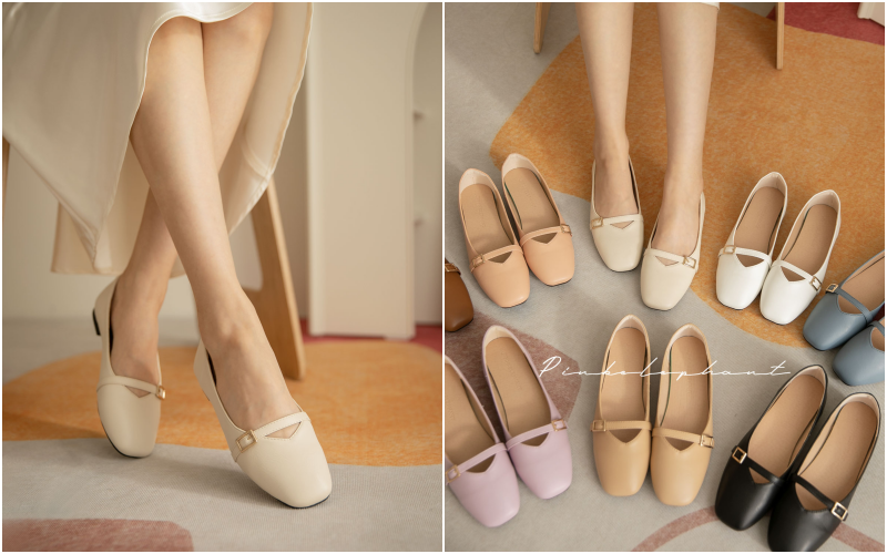 韓國 PINKELEPHANT - 金釦帶軟底低跟包鞋(1.5cm)-粉紫